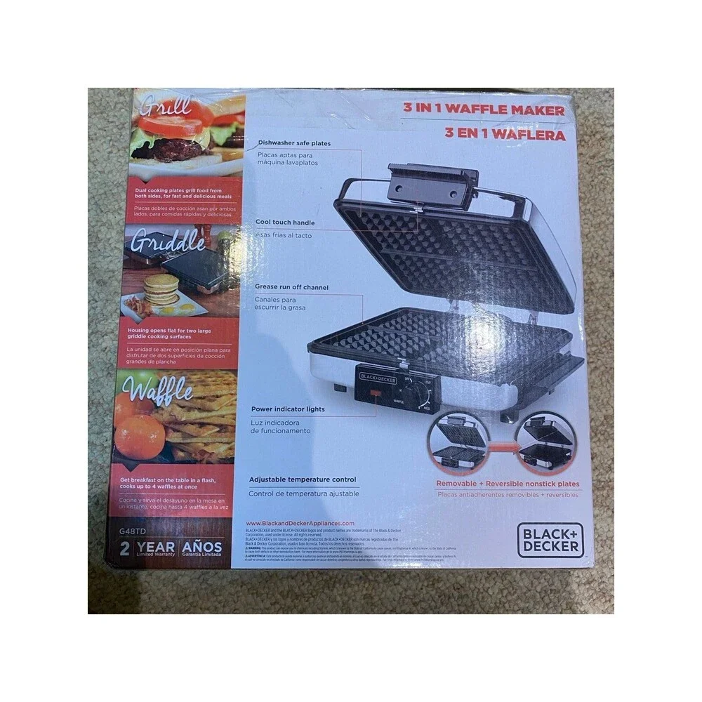 Black and Decker waffle maker grill griddle reversible cooking plates NWT G48TD